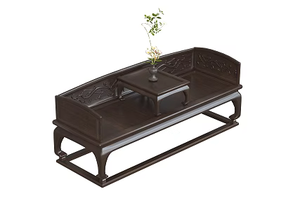 Traditional Dark Wood Luohan Bed With Carved Design Small Tea Table And Floral Vase 3d model