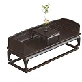 Traditional Dark Wood Luohan Bed With Carved Design Small Tea Table And Floral Vase