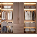Modern Wardrobe Interior Design With LED Lighting Wooden Shelves Drawers And Hanging Rails