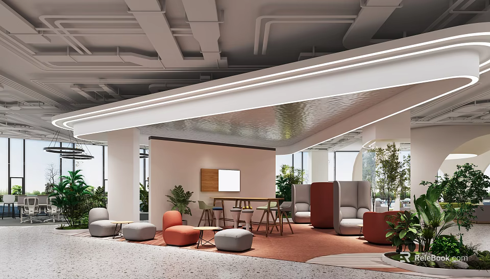 Modern Office Open Space Design With Comfortable Sofa Tables And Green Plants 3d model 