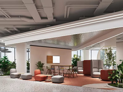 Modern Office Open Space Design With Comfortable Sofa Tables And Green Plants 3d model