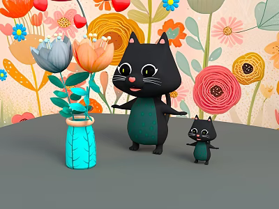 Two Black Cats Big And Small Standing By Blue Vase With Colorful Flowers And Leaves 3d model