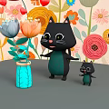 Two Black Cats Big And Small Standing By Blue Vase With Colorful Flowers And Leaves