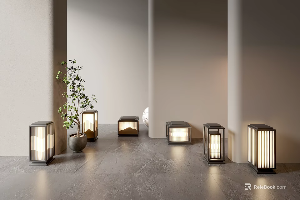 Outdoor Japanese Style Lights With Wooden Frame Translucent Panels Warm Glow In Modern Minimalist Space 3d model 