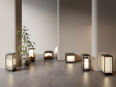 Outdoor Japanese Style Lights With Wooden Frame Translucent Panels Warm Glow In Modern Minimalist Space 3d model