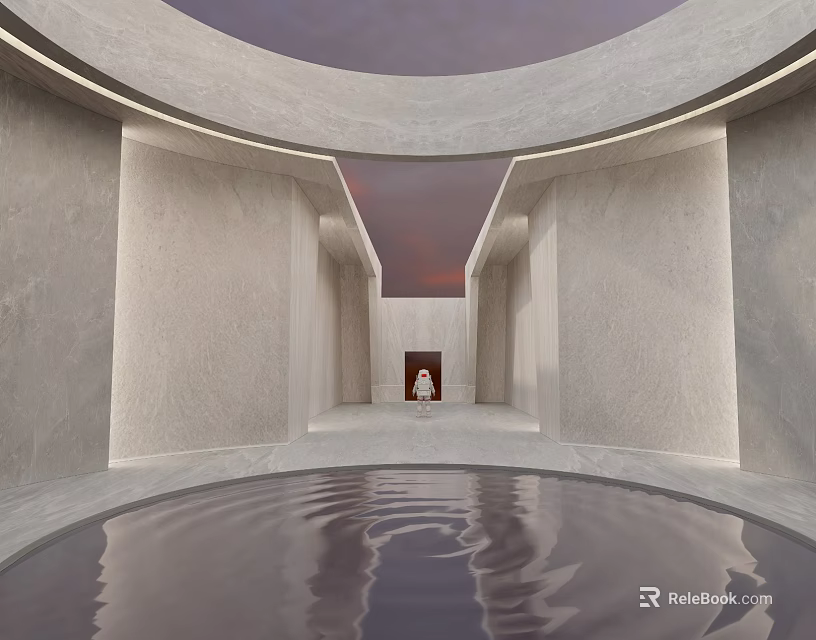Minimalist Space Featuring Circular Reflective Pool Gray Textured Walls Skylight Red Door And Seated Figure 3d model 