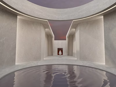 Minimalist Space Featuring Circular Reflective Pool Gray Textured Walls Skylight Red Door And Seated Figure 3d model
