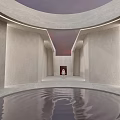Minimalist Space Featuring Circular Reflective Pool Gray Textured Walls Skylight Red Door And Seated Figure