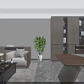 Modern Office Interior Design With Desk Chairs Sofa Coffee Table Green Plant And Large Windows 3d model