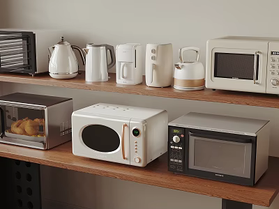 Essential Kitchen Appliances Including Microwave Toaster Kettle And Coffee Maker On Wooden Shelf 3d model