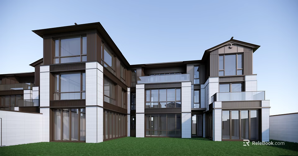 Modern Townhouse Exterior Design With Large Glass Windows White Dark Facade And Green Lawn 3d model 