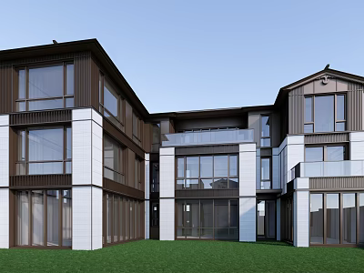 Modern Townhouse Exterior Design With Large Glass Windows White Dark Facade And Green Lawn 3d model