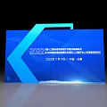 Dark Background Wall With Blue Illuminated Display Stands And Glowing Elements