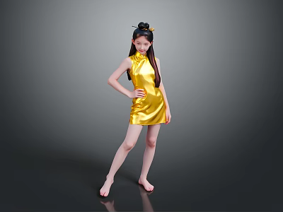 Woman In Yellow Silk Cheongsam With Bun Hairstyle Barefoot Against Gray Background 3d model