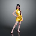 Woman In Yellow Silk Cheongsam With Bun Hairstyle Barefoot Against Gray Background