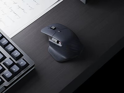 Ergonomic Wireless Mouse On Modern Desktop With Mechanical Keyboard And Notebook Paper Setup 3d model