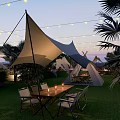 Rooftop Bar with String Lights Pool Tents Wooden Deck and Outdoor Seating
