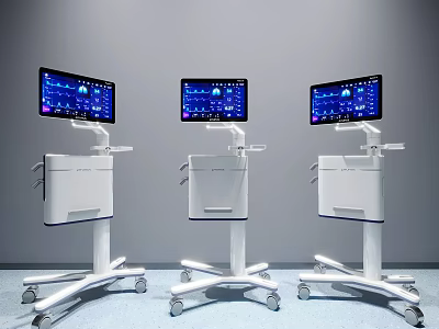 Three Patient Monitor Mobile Carts With Screens Displaying Vital Signs Data 3d model