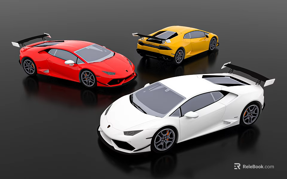 Three Red Yellow White Lamborghini Sports Cars With Rear Spoilers On Black Background 3d model 