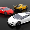Three Red Yellow White Lamborghini Sports Cars With Rear Spoilers On Black Background