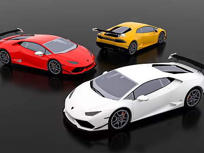 Three Red Yellow White Lamborghini Sports Cars With Rear Spoilers On Black Background 3d model