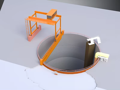Industrial Circular Tank Structure With Orange Metal Frame Platform And Pipes 3d model