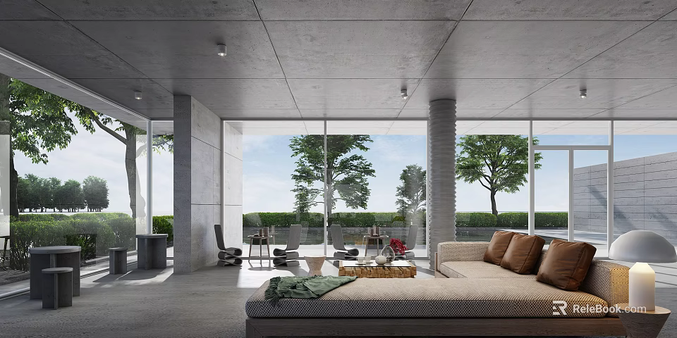 Elegant Modern Hotel Lobby With Large Windows Sofa Coffee Table Columns Greenery And Outdoor View 3d model 