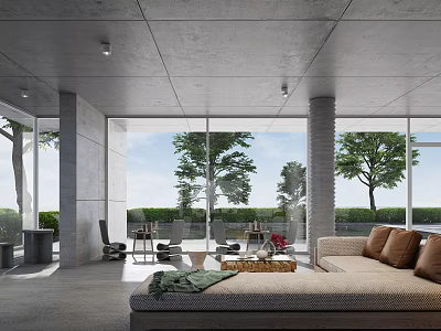 Elegant Modern Hotel Lobby With Large Windows Sofa Coffee Table Columns Greenery And Outdoor View 3d model