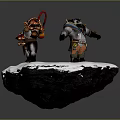 Three Characters in Decorative Gear with Flame Feather Decorations Standing on Snowy Rock Platform