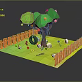 Tire Swing Play Equipment In Garden With Tree Fence Green Grass White Stones Red Flowers