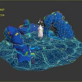 Blue Rock Terrain Scene With White Spire Glowing Blue Streaks And Yellow Accents