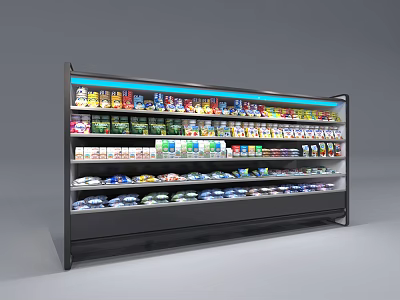Well Lit Supermarket Display Shelf With Multiple Layers And Various Packaged Goods 3d model
