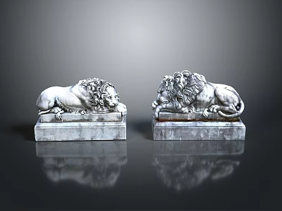 Pair of Classical Stone Lion Sculptures Reclining On Decorative Pedestals 3d model