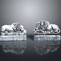 Pair of Classical Stone Lion Sculptures Reclining On Decorative Pedestals