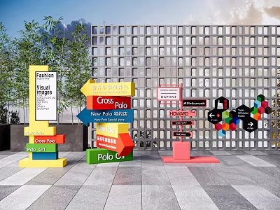 Colorful Traffic Signs With Directional Arrows Indicating Café Parking Polo Club Modern Architectural Backdrop Greenery 3d model