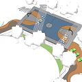 Outdoor Basketball Court Surrounded by Trees and Green Areas with Pathways and Rest Zones