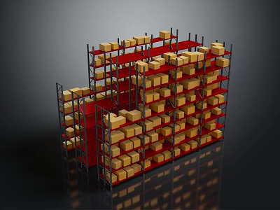 Multi Tier Red Frame Display Shelves With Neatly Arranged Yellow Storage Boxes 3d model