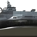 Military Hovercraft With Large Rotating Fans Radar System And Cannons On Water