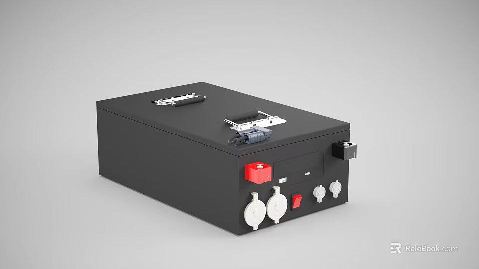 Black Industrial Electrical Control Box with Metal Handles Red Button and White Knobs 3d model 