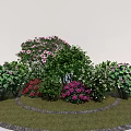 Colorful Flowering Shrubs In Circular Garden Bed With Green Leaves And Brick Edging