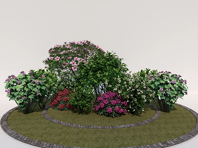 Colorful Flowering Shrubs In Circular Garden Bed With Green Leaves And Brick Edging 3d model