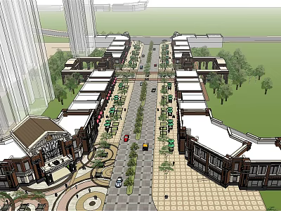 Modern Commercial Street Design With Pedestrian Walkway Green Plants And High Rise Buildings 3d model