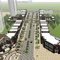 Modern Commercial Street Design With Pedestrian Walkway Green Plants And High Rise Buildings