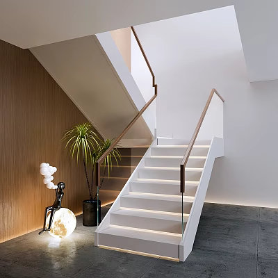 Bright Modern Staircase Interior With White Steps Wooden Handrail Glass Balustrade And Palm Plant 3d model