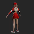 Woman In Red And White Sporty Outfit With Cap Pleated Skirt And Sneakers