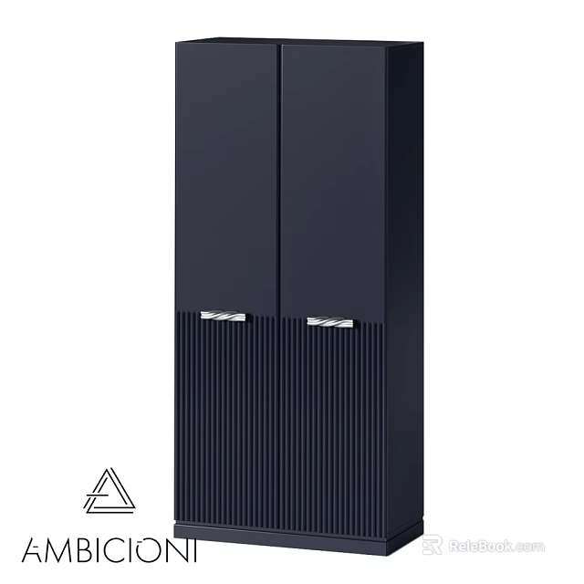 Modern Dark Blue Tall Cabinet With Vertical Stripes And Metal Handles 3d model 