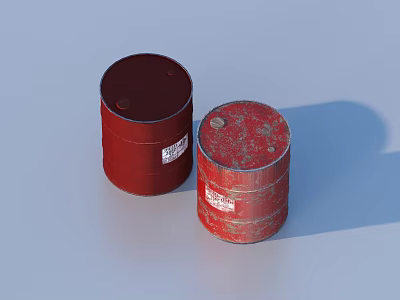 Two Red Metal Barrels With Labels One Rusted And One New In Blue Background 3d model