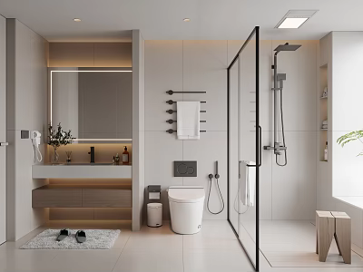 Modern Bathroom Interior Design With Large Mirror Vanity Toilet And Glass Shower 3d model