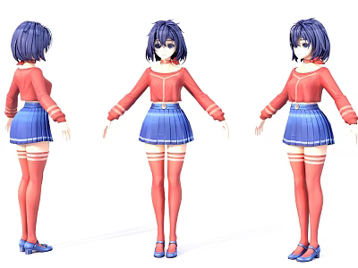 Game Character With Blue Purple Short Hair Red Top And Blue Pleated Skirt Three Views 3d model