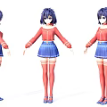 Game Character With Blue Purple Short Hair Red Top And Blue Pleated Skirt Three Views